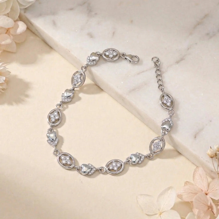 Elegant Clover Heart CZ Pure Silver Bracelet - Made With Pure 925 Silver