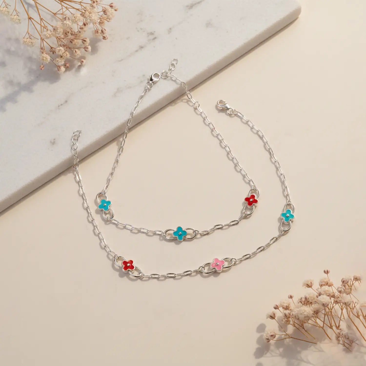 Multicolor Floral Pure Silver Anklet- Made With Pure 925 Silver