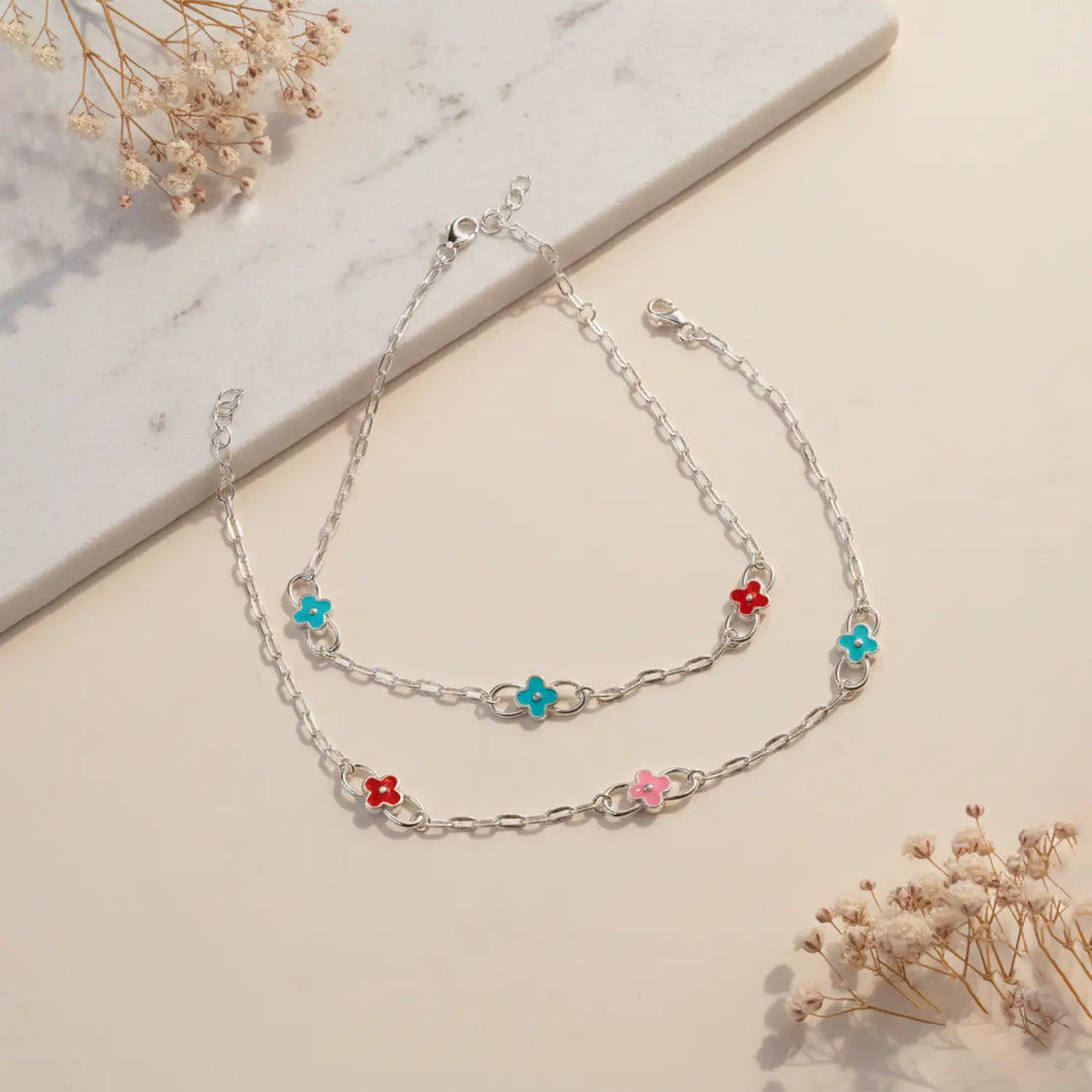 Multicolor Floral Pure Silver Anklet- Made With Pure 925 Silver