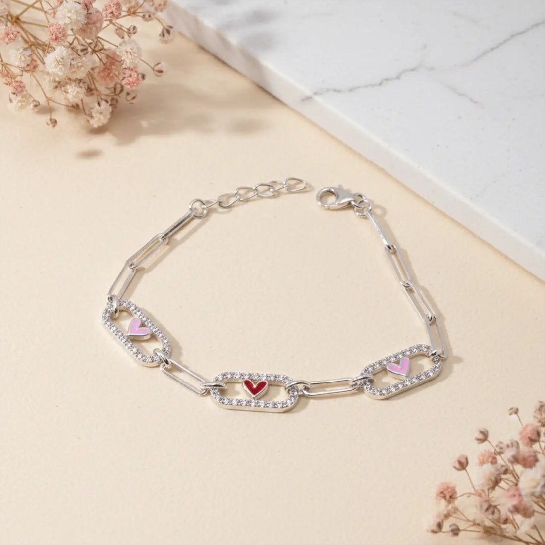 Heart Link Charm Pure Silver Bracelet - Made With Pure 925 Silver