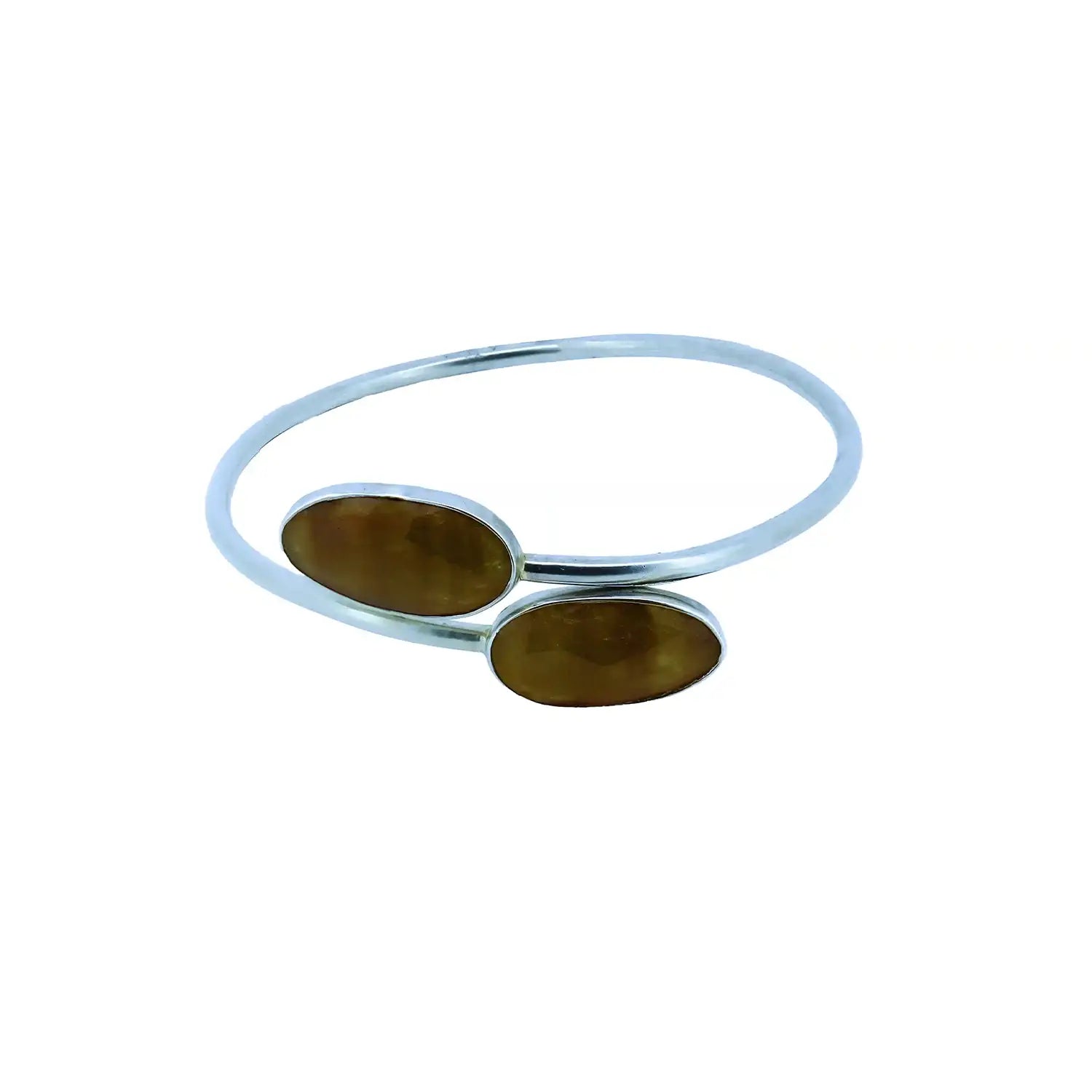 Pure Silver Open Bracelet with Dual Oval Brown Gemstones - Made With Pure 925 Silver