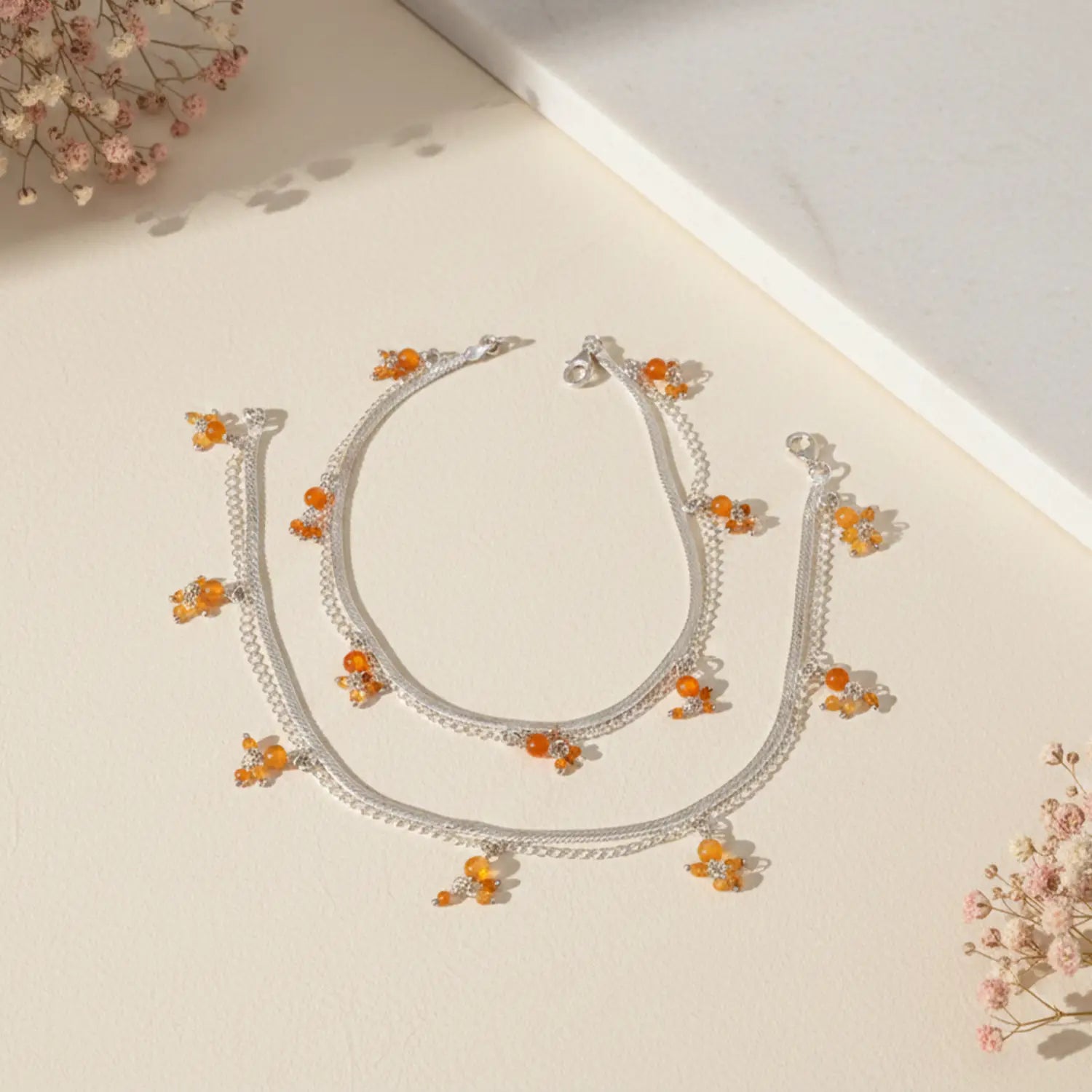 Sunset Bloom Orange Crystal Pure Silver Anklet- Made With Pure 925 Silver