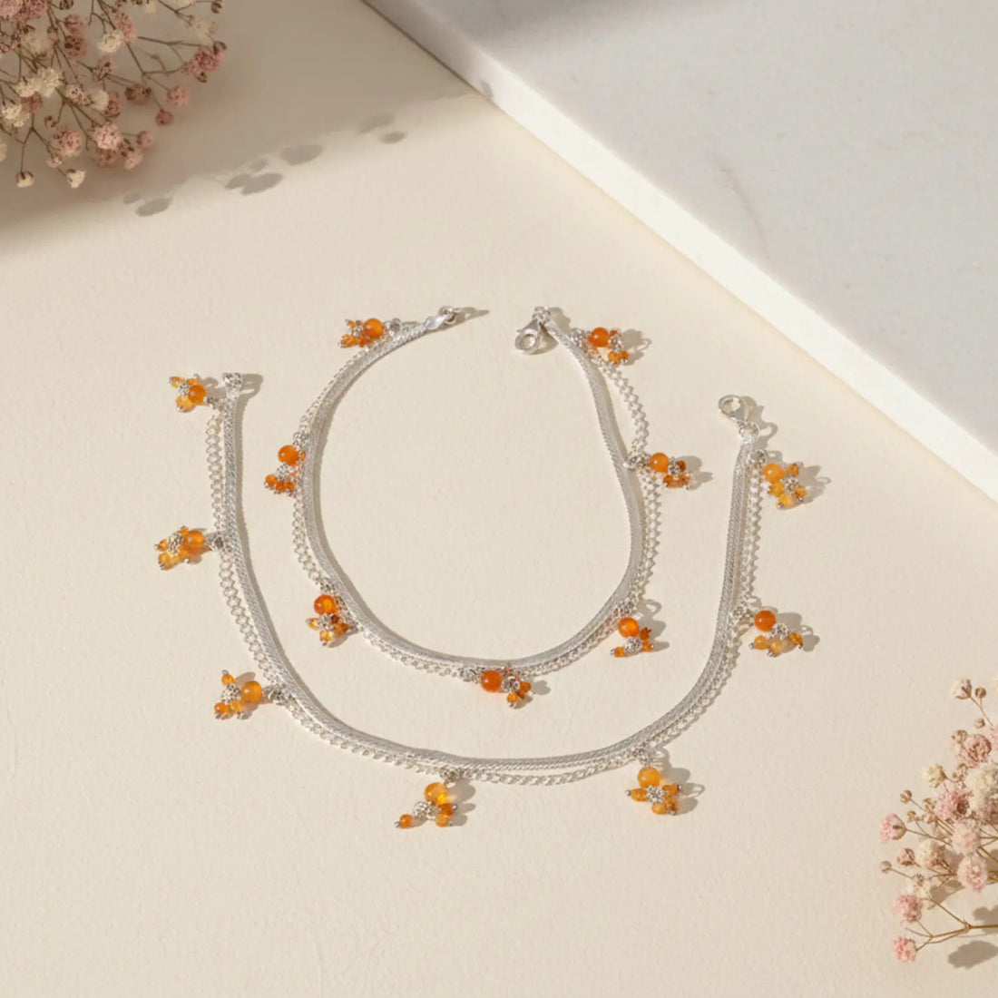 Sunset Bloom Orange Crystal Pure Silver Anklet- Made With Pure 925 Silver