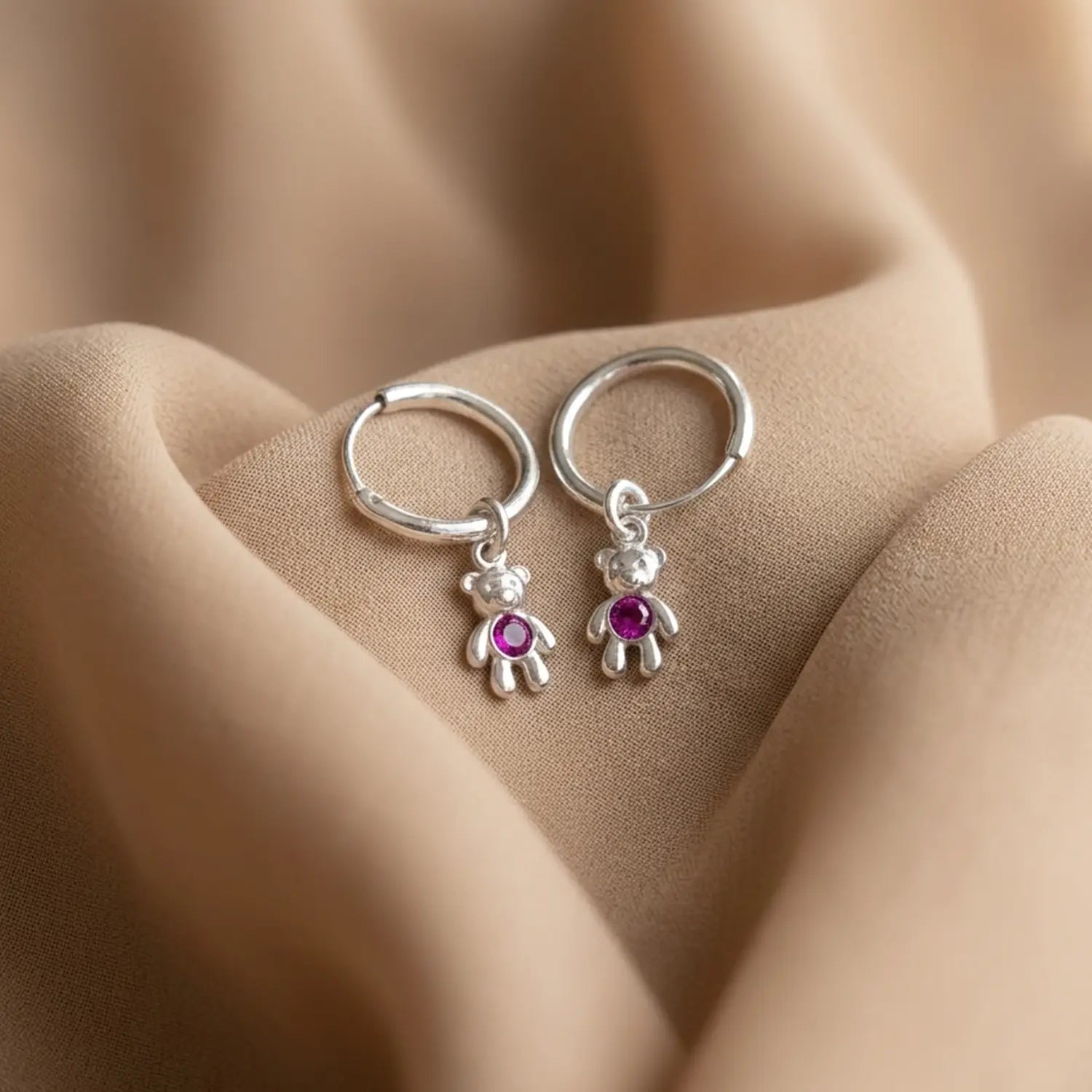 Cute Teddy Charm Silver Hoop Earrings - Made With Pure 925 Silver