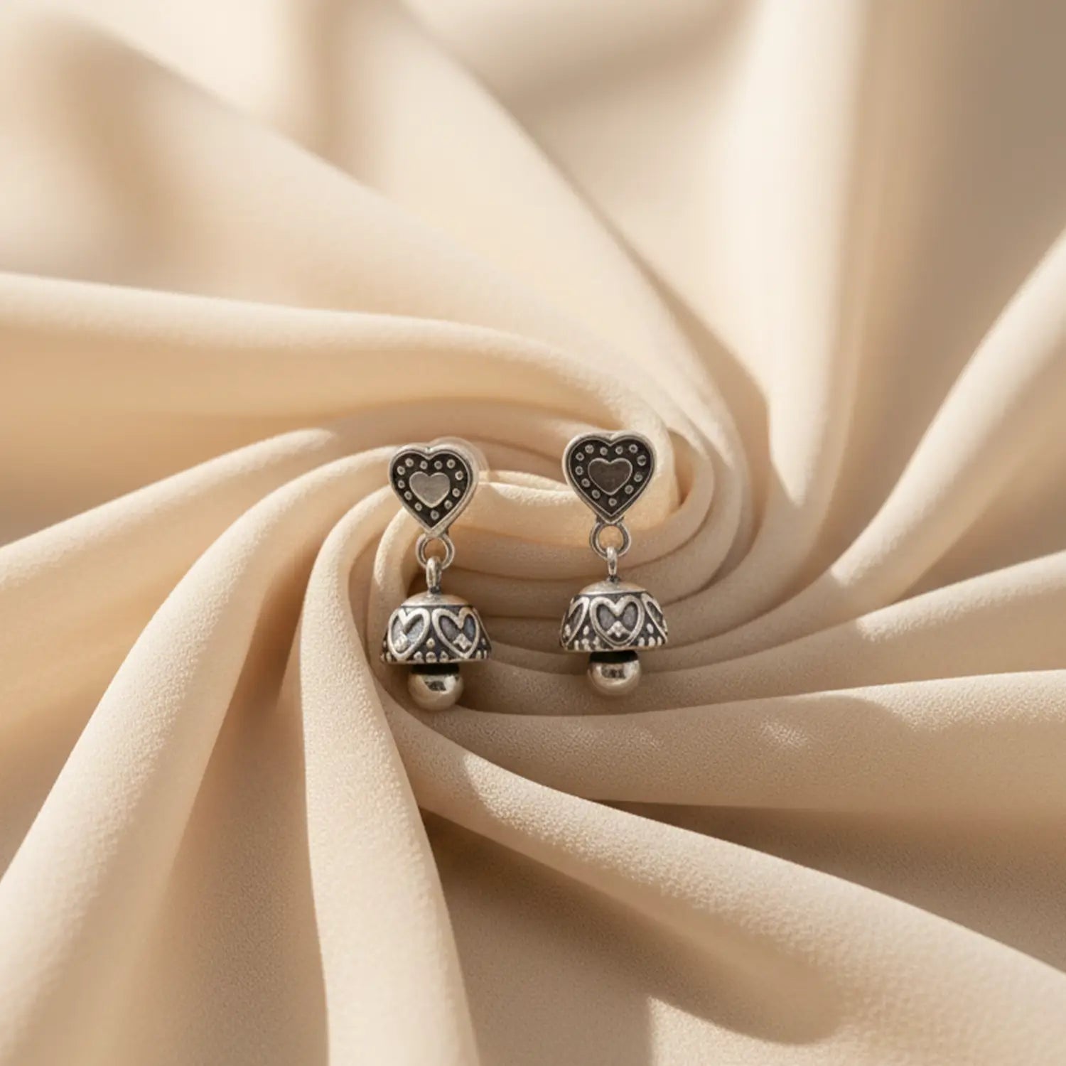 Charming Heart Design Pure Silver Jhumki Earrings- Made With Pure 925 Silver