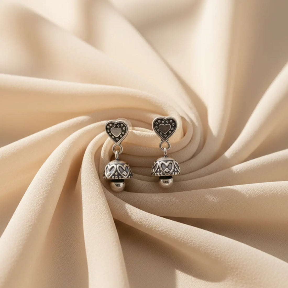 Charming Heart Design Pure Silver Jhumki Earrings- Made With Pure 925 Silver