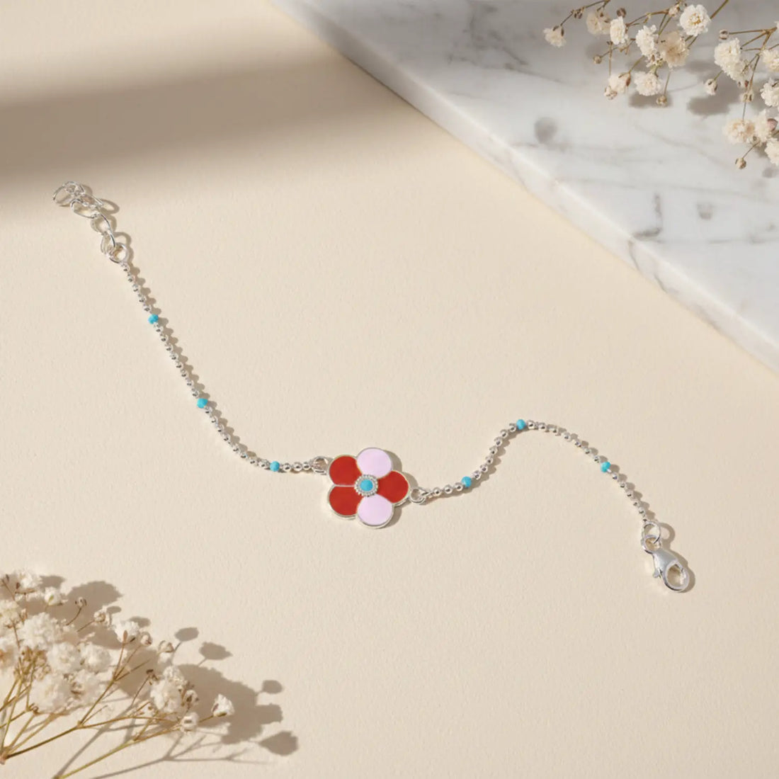 Floral Enamel Charm Pure Silver Bracelet - Made With Pure 925 Silver
