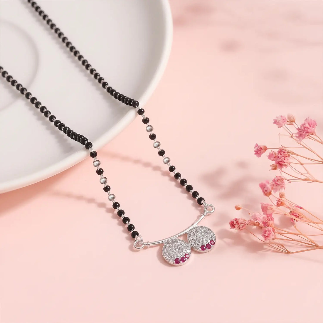 Elegant Ruby Accent Twin Disc Silver Mangalsutra - Made With Pure 925 Silver