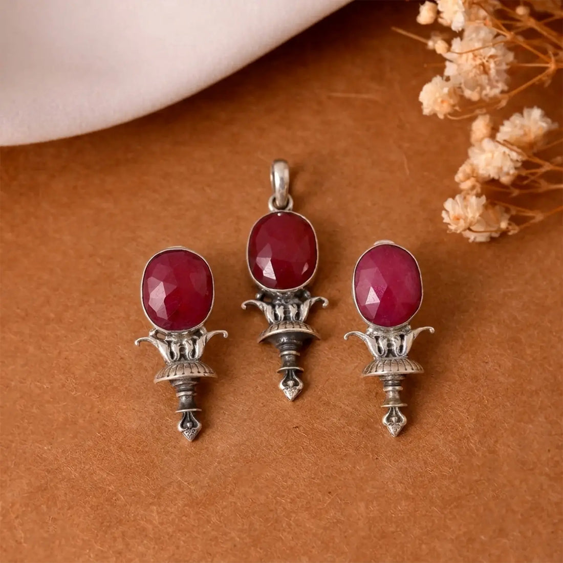 Traditional Ruby Stone Sterling Silver Pendant Set - Made With Pure 925 Silver