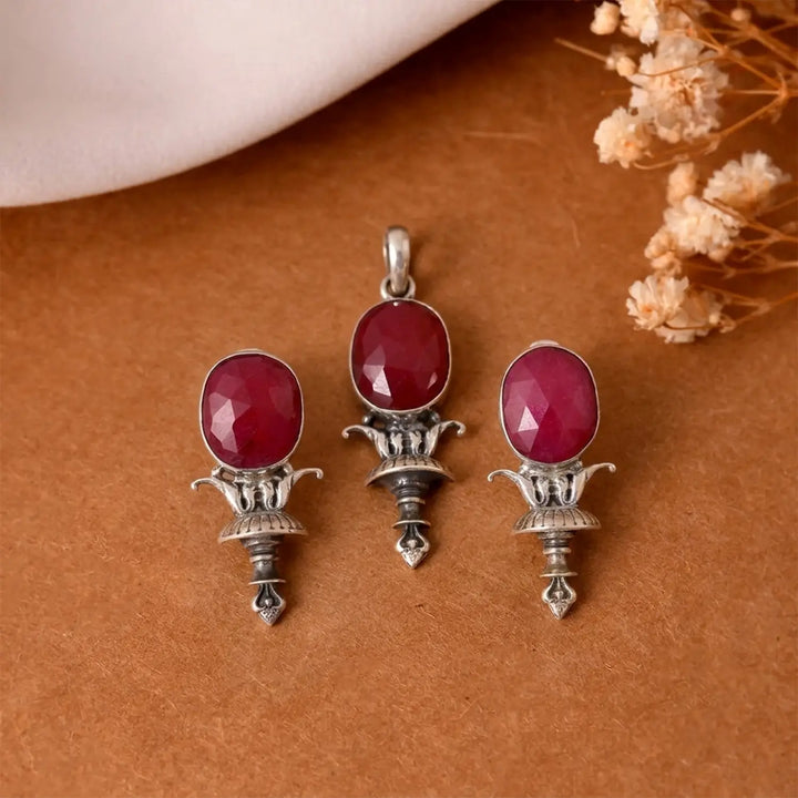 Traditional Ruby Stone Sterling Silver Pendant Set - Made With Pure 925 Silver
