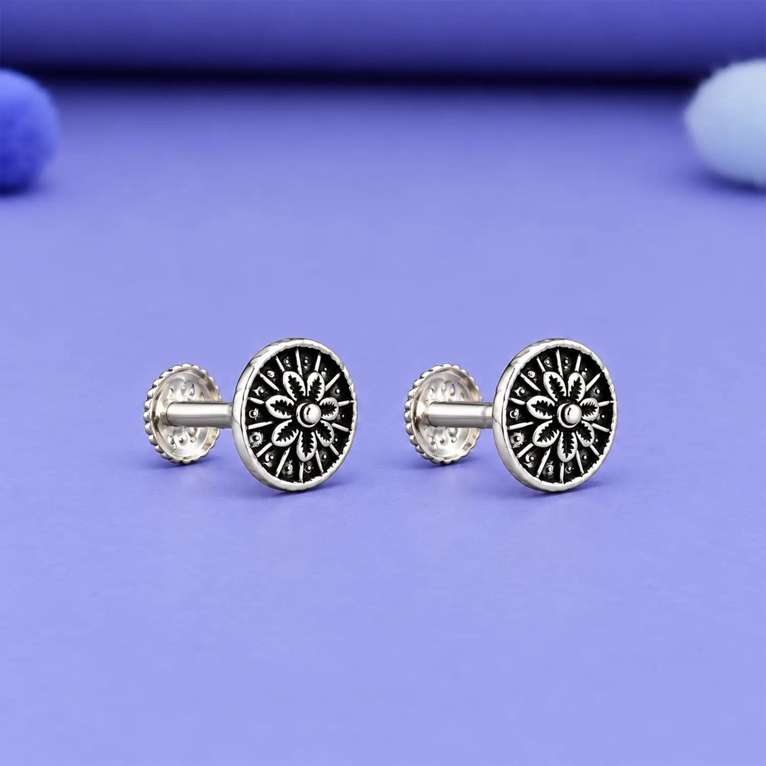 Vintage Floral Oxidised Silver Stud Earrings - Made With Pure 925 Silver