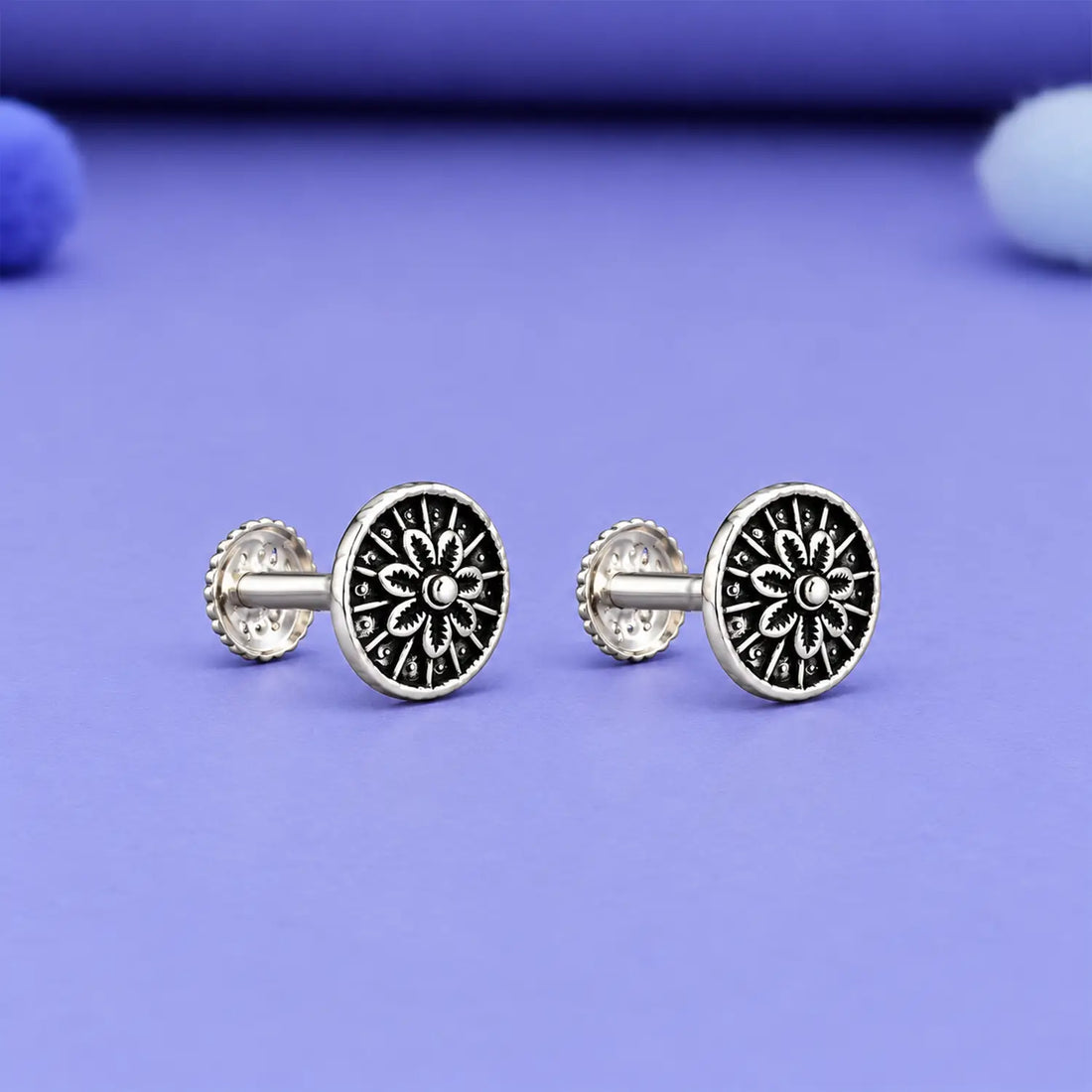 Vintage Floral Oxidised Silver Stud Earrings - Made With Pure 925 Silver