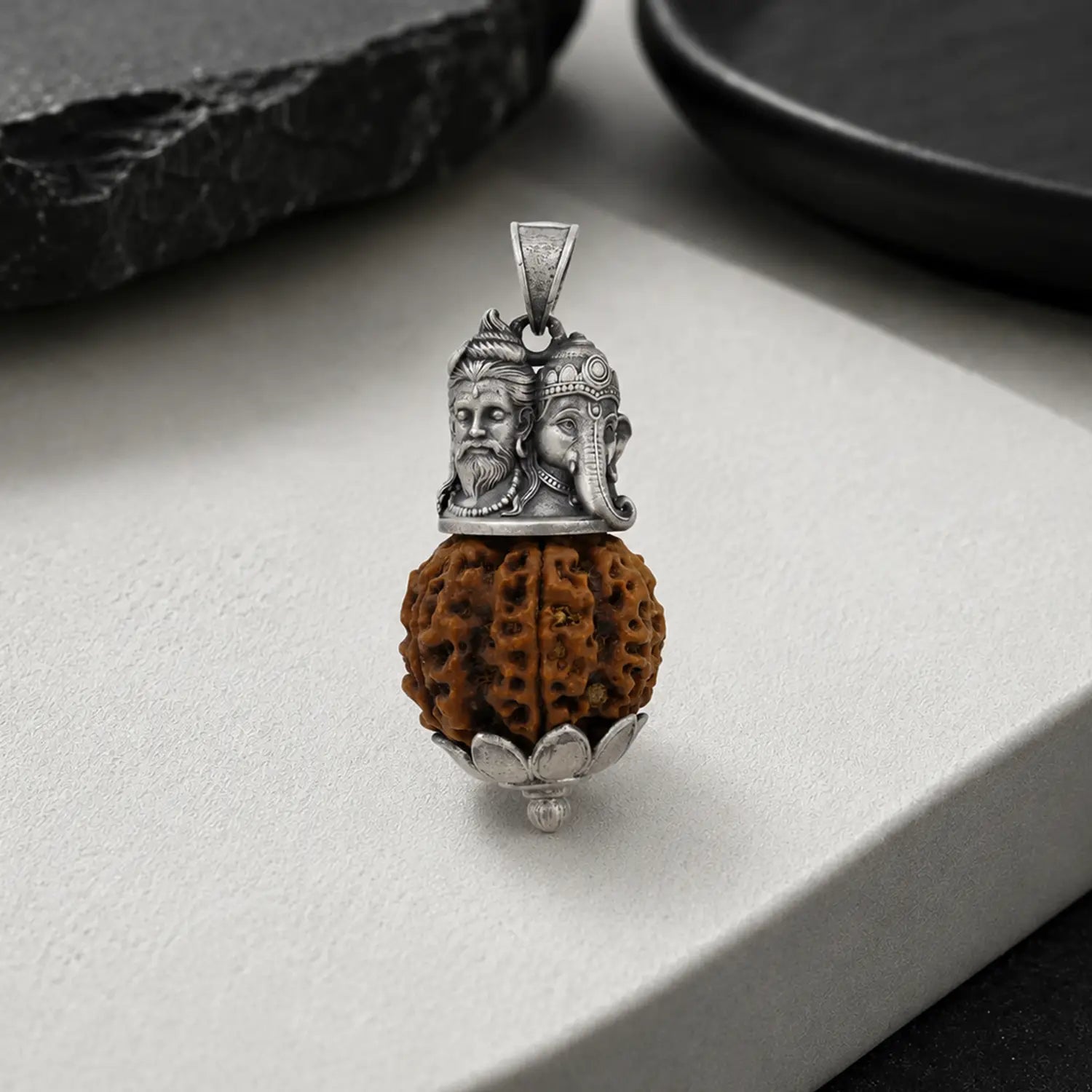 Divine Rudraksha Ganesha & Shiva Silver Pendant - Made With Pure 925 Silver