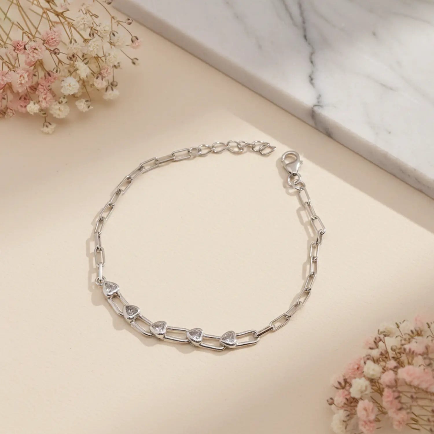 Crystal Heart Link Pure Silver Bracelet - Made With Pure 925 Silver