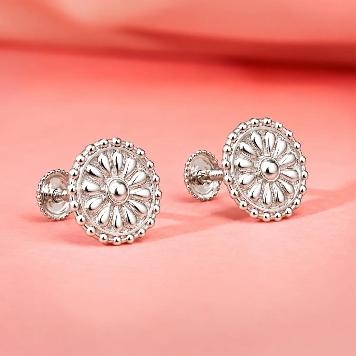 Floral Beaded Border Silver Stud Earrings - Made With Pure 925 Silver