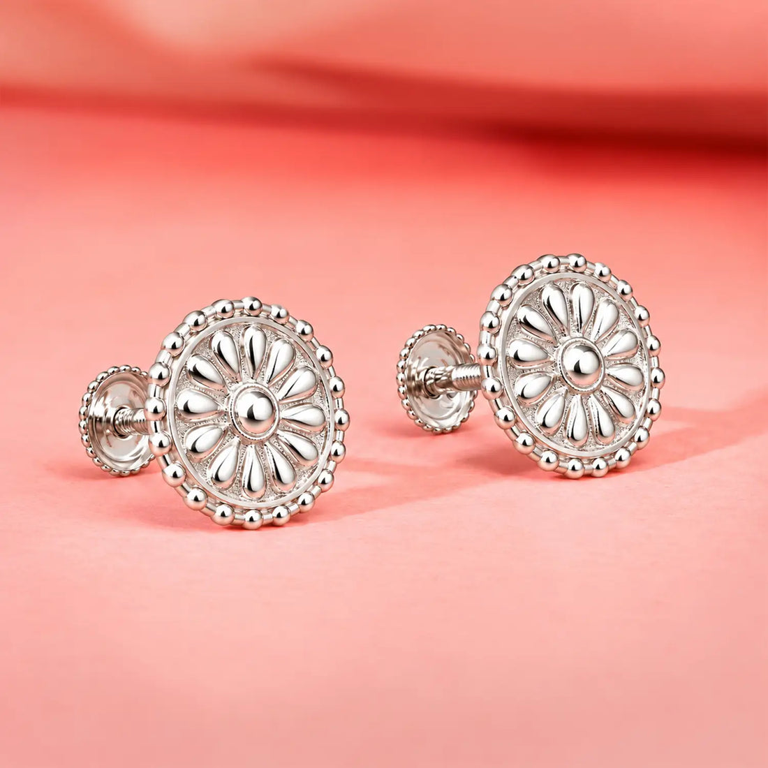 Floral Beaded Border Silver Stud Earrings - Made With Pure 925 Silver