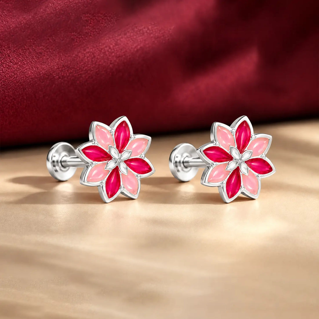 Pink Floral Gemstone Silver Stud Earrings - Made With Pure 925 Silver