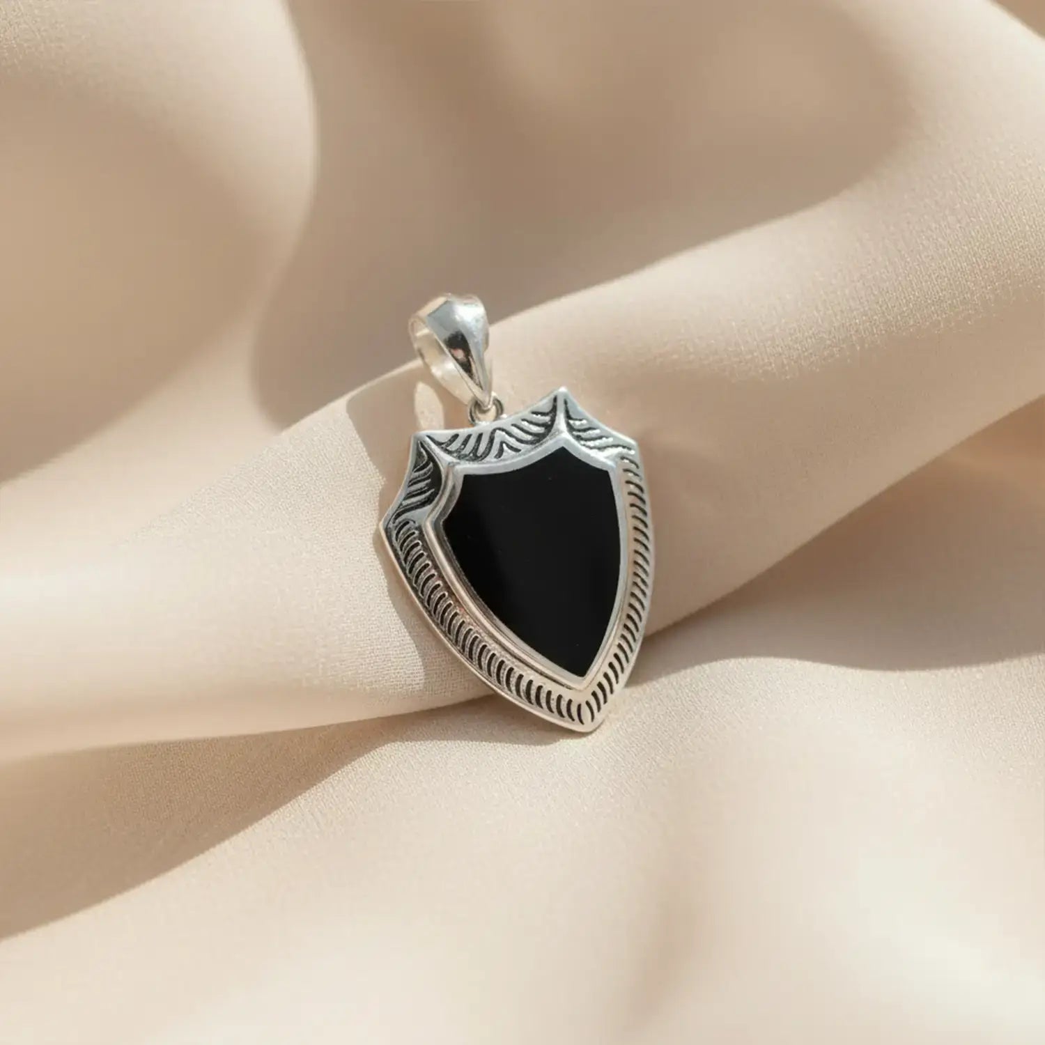 Black Onyx Shield Pure Silver Pendant- Made With Pure 925 Silver