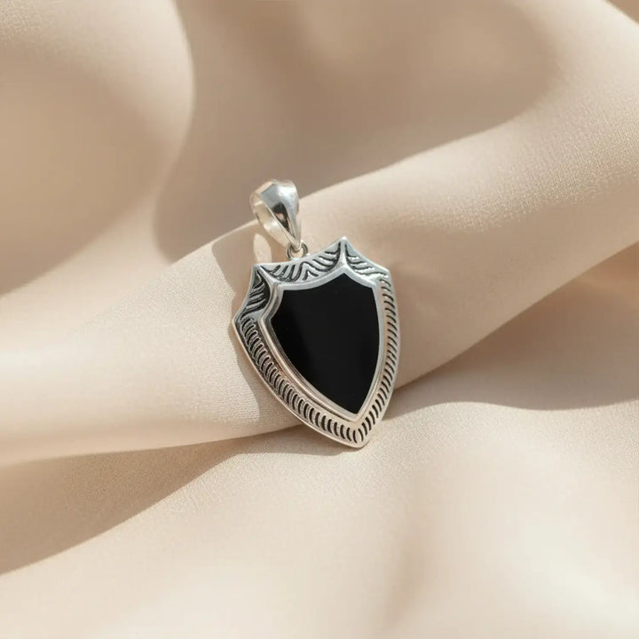 Black Onyx Shield Pure Silver Pendant- Made With Pure 925 Silver