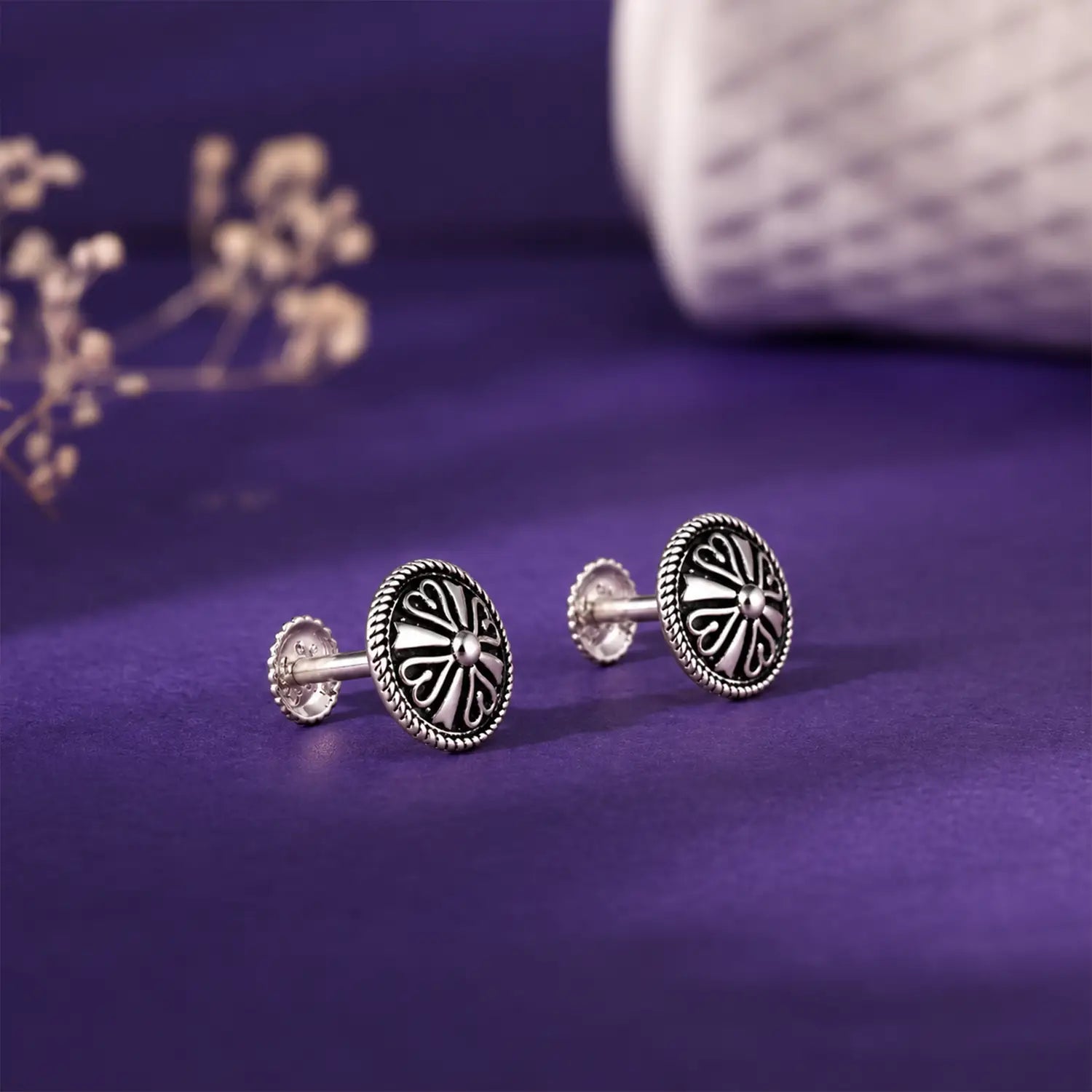 Vintage Black Enamel Floral Silver Stud Earrings - Made With Pure 925 Silver
