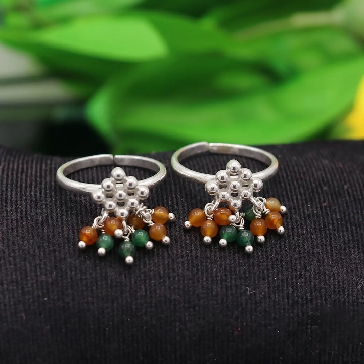 Pure Silver Toe Rings with Colorful Beads- Made With Pure 925 Silver