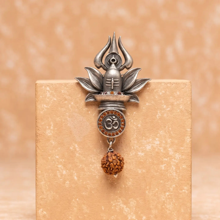 Trishul Shivling Om Rudraksha Silver Brooch - Made With Pure 925 Silver