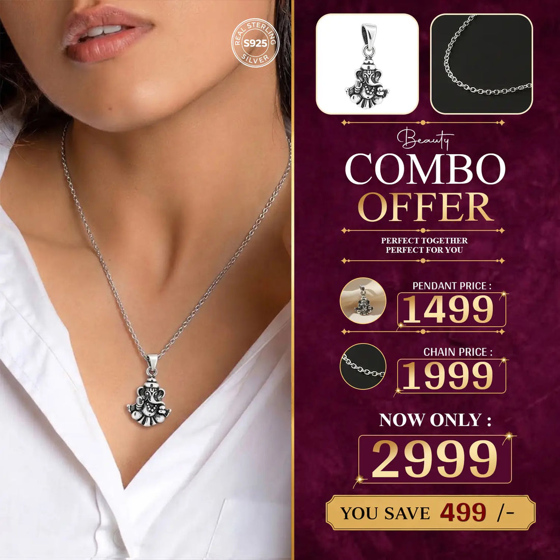 Ganesha Pendant with Silver Chain – Divine & Elegant Combo - Made With Pure 925 Silver