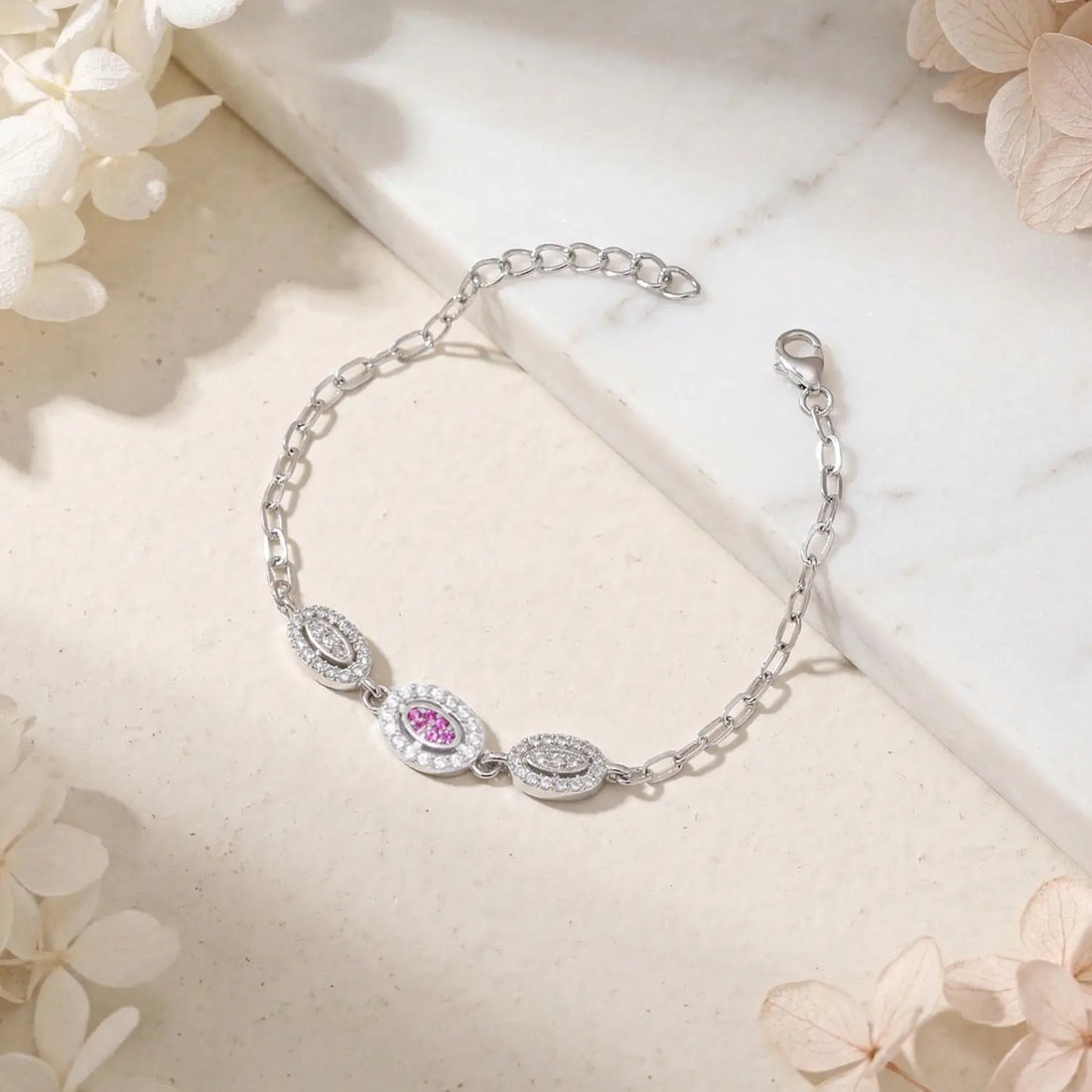 Elegant Pink Oval CZ Pure Silver Bracelet - Made With Pure 925 Silver