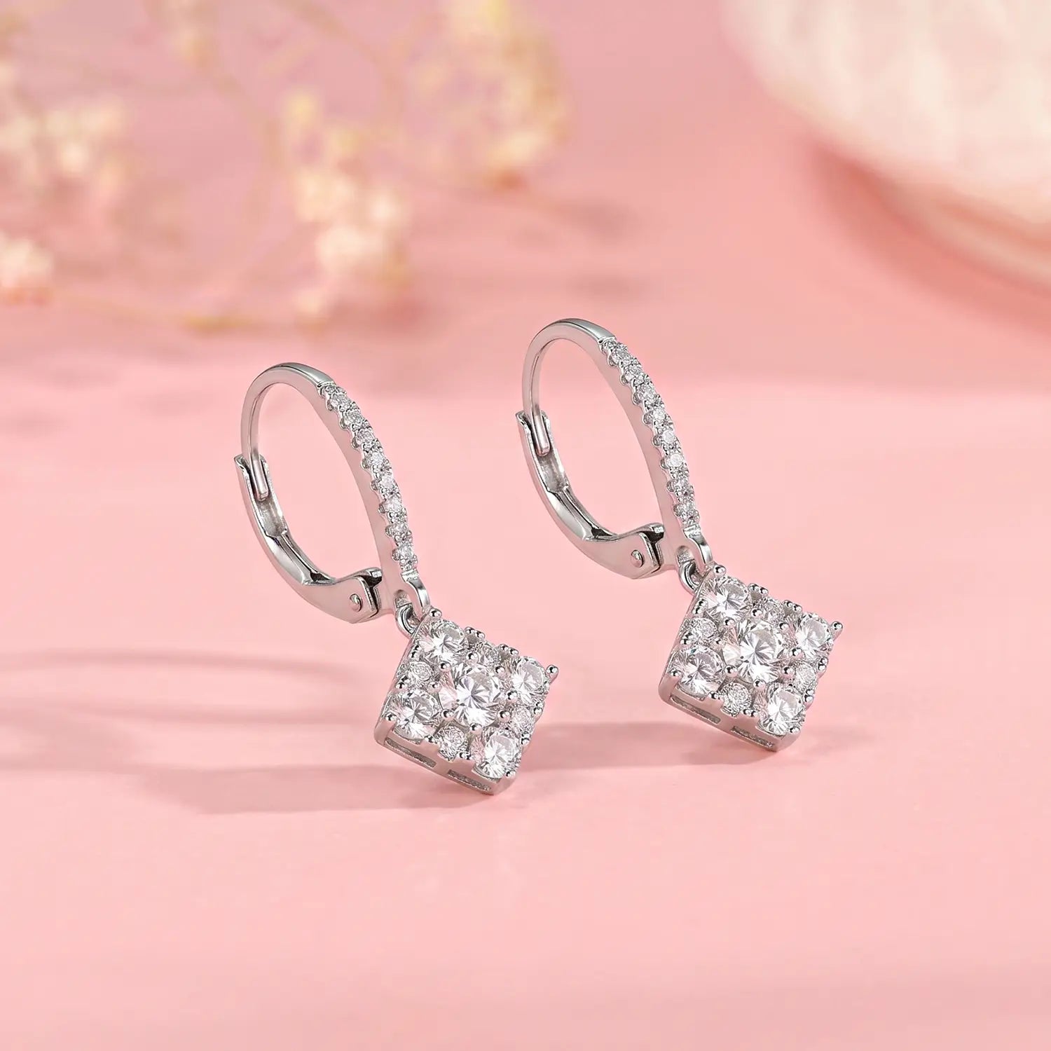 Elegant Sparkling Square Cluster Drop Earrings - Made With Pure 925 Silver