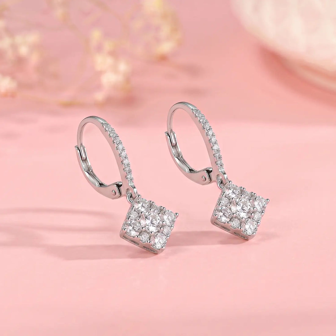 Elegant Sparkling Square Cluster Drop Earrings - Made With Pure 925 Silver