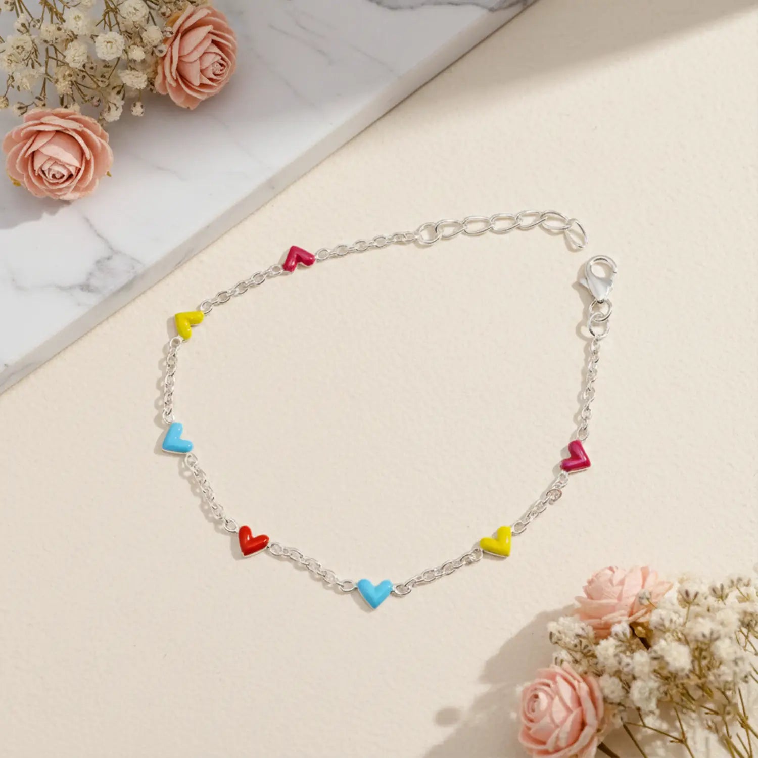 Multicolor Heart Charm Pure Silver Bracelet- Made With Pure 925 Silver