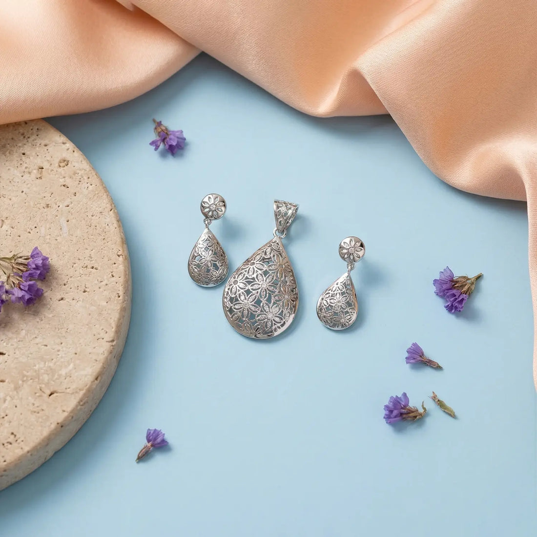 Elegant Floral Teardrop Filigree Pure Silver Pendant & Earrings Set - Made With Pure 925 Silver