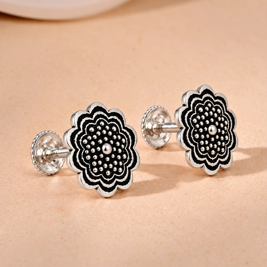 Black Enamel Floral Silver Stud Earrings - Made With Pure 925 Silver
