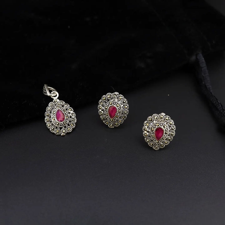 Vintage Ruby Marcasite Sterling Silver Pendant Set - Made With Pure 925 Silver