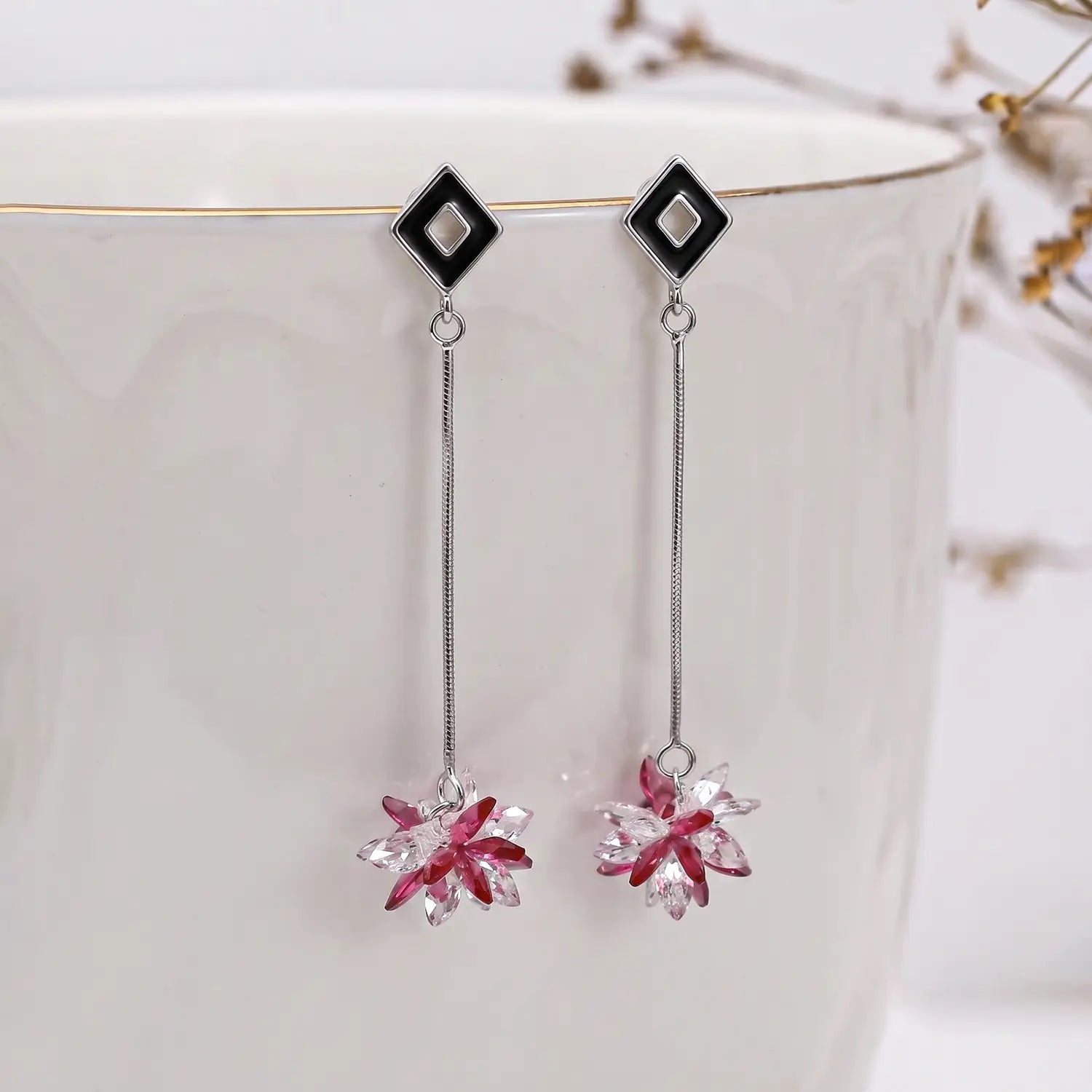 Pink Floral Drop Earrings - Made With Pure 925 Silver