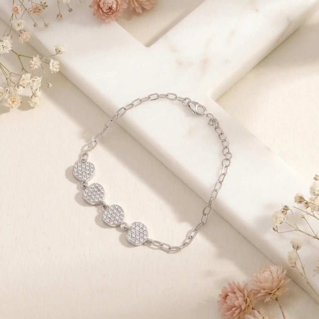 Elegant Heart Charm CZ Pure Silver Bracelet - Made With Pure 925 Silver