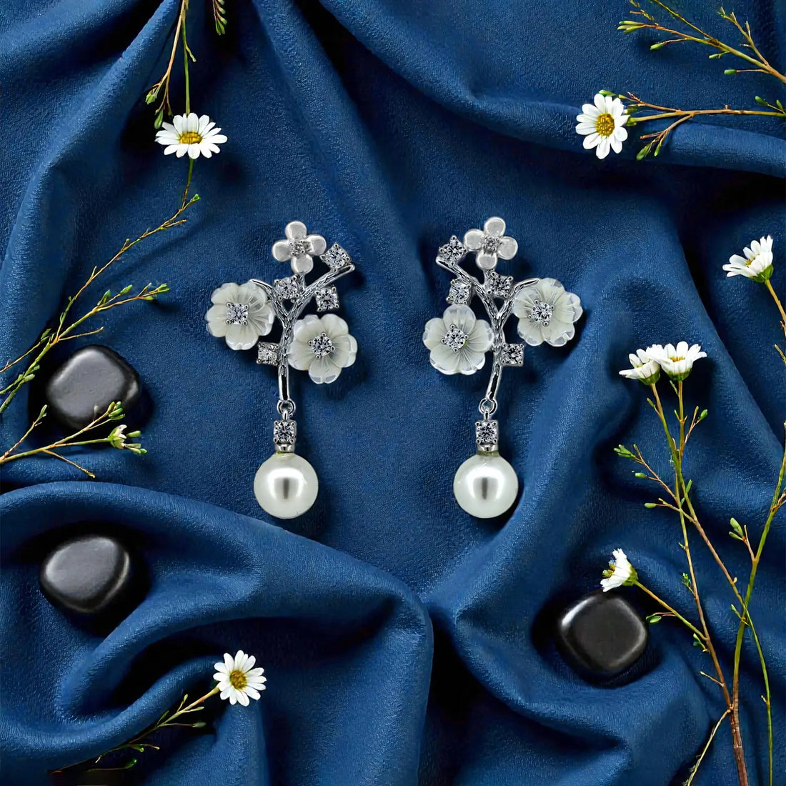 Floral Pearl Drop Silver Earrings- Made With Pure 925 Silver