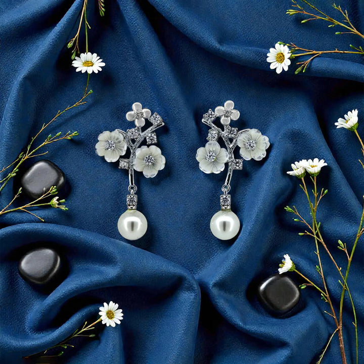 Floral Pearl Drop Silver Earrings- Made With Pure 925 Silver