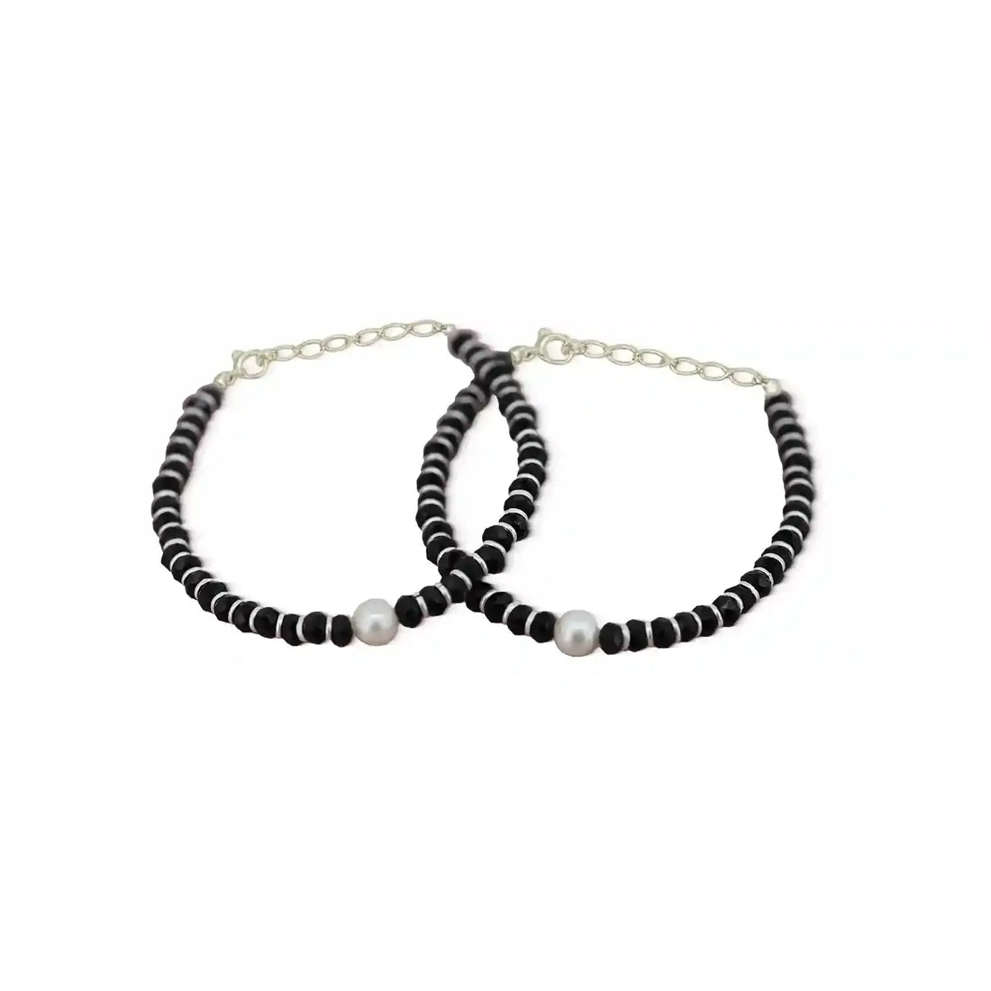 Kids' Pearl & Black Beaded Silver Nazariya- Made With Pure 925 Silver