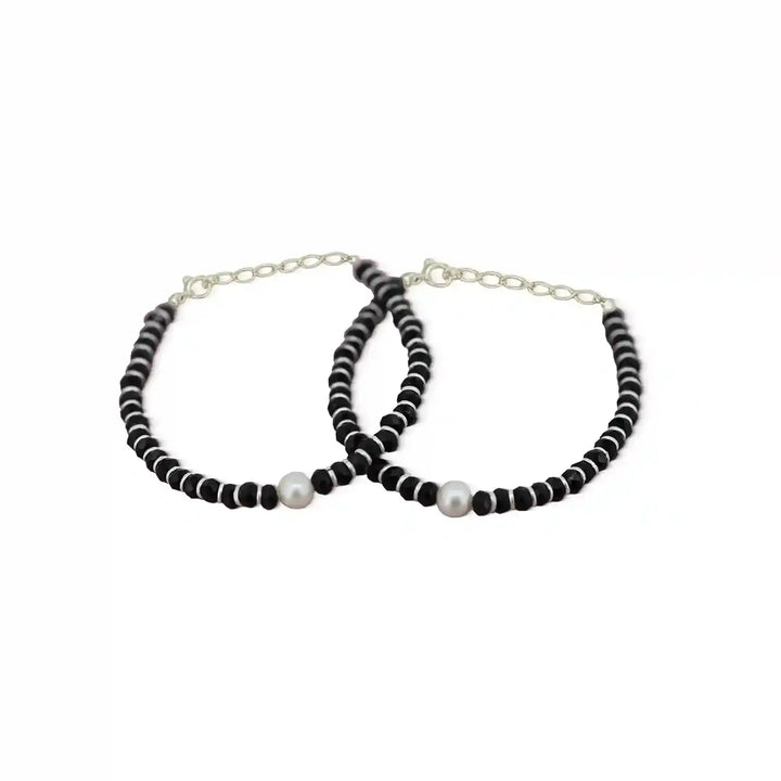 Kids' Pearl & Black Beaded Silver Nazariya- Made With Pure 925 Silver