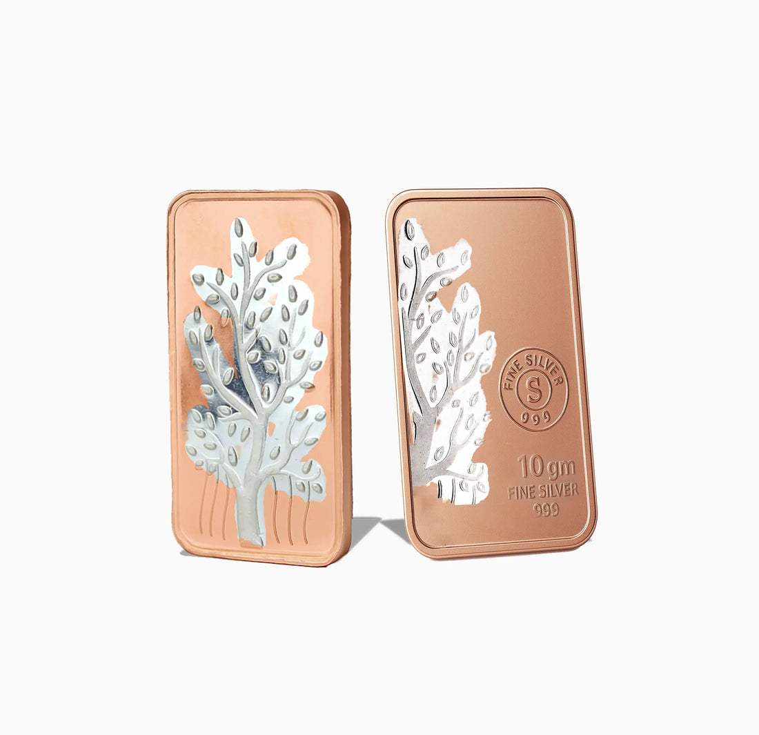 Tree of Life Pure Silver Bar with Gold-Plated Finish - Made With Pure 999 Silver