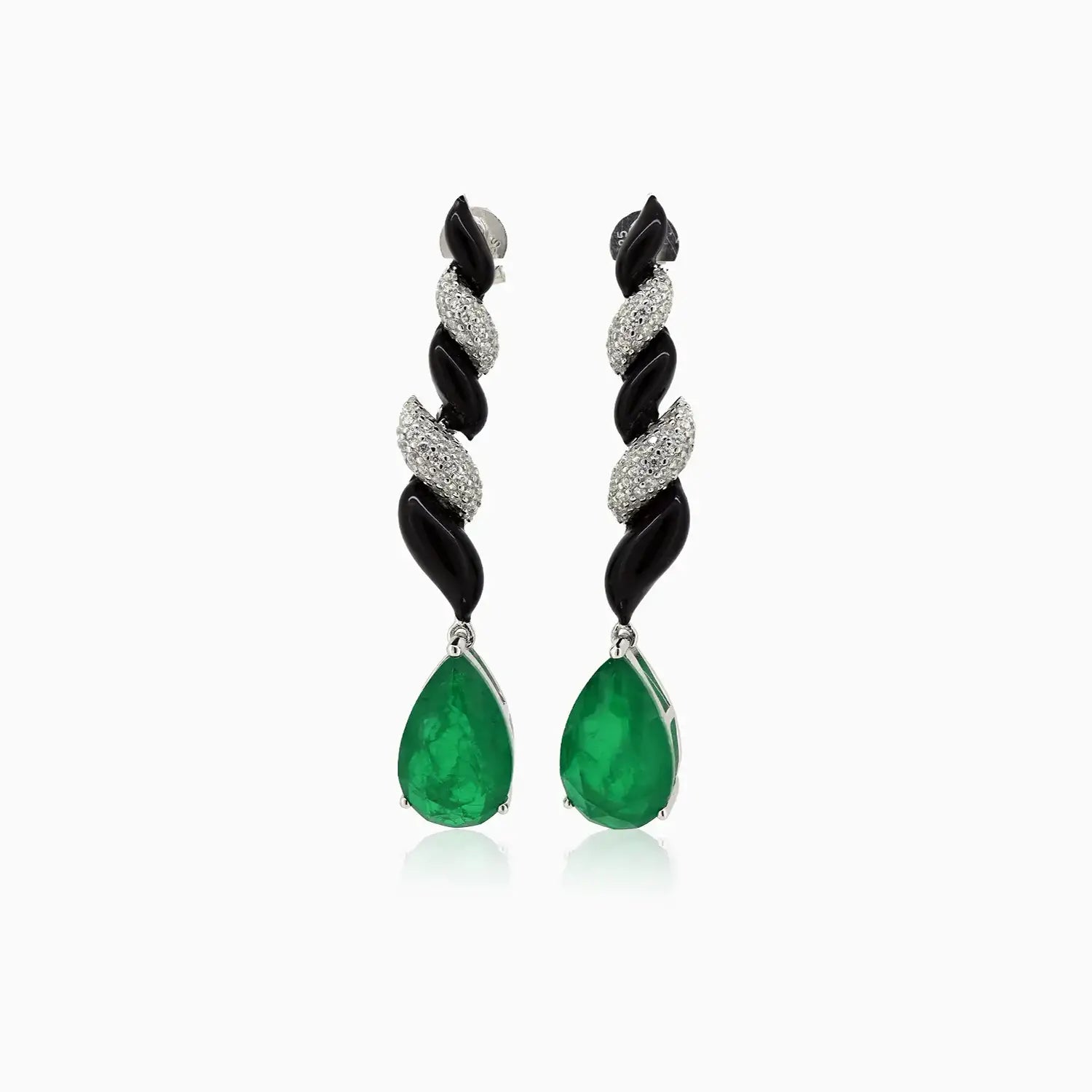 Emerald Green & Black Enamel Silver Drop Earrings- Made With Pure 925 Silver