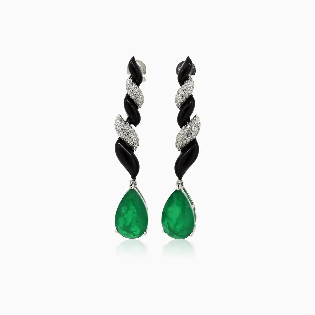 Emerald Green & Black Enamel Silver Drop Earrings- Made With Pure 925 Silver