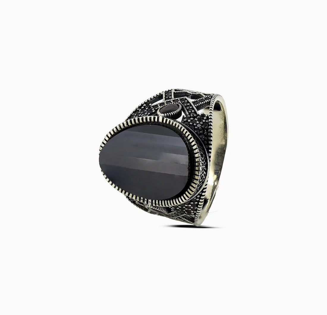 Pure Silver Black Onyx Tribal Ring - Made With Pure 925 Silver
