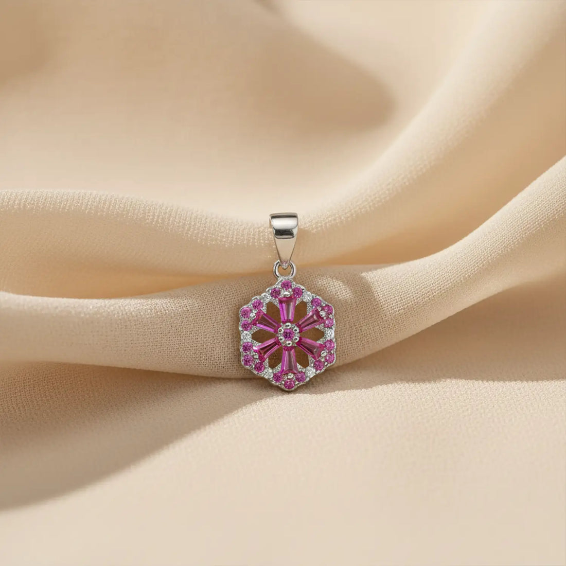 Floral Hexagon Silver Pendant with Green & Pink Stones Made With Pure 925 Silver