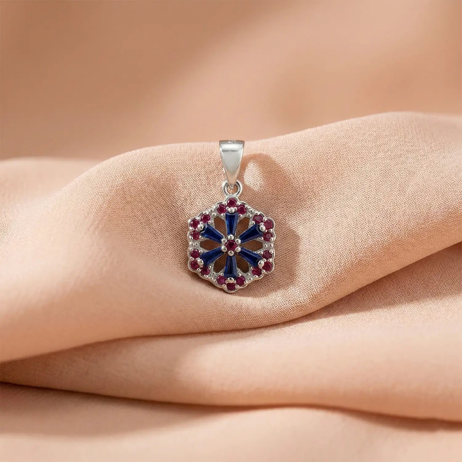 Floral Hexagon Silver Pendant with Green & Pink Stones Made With Pure 925 Silver
