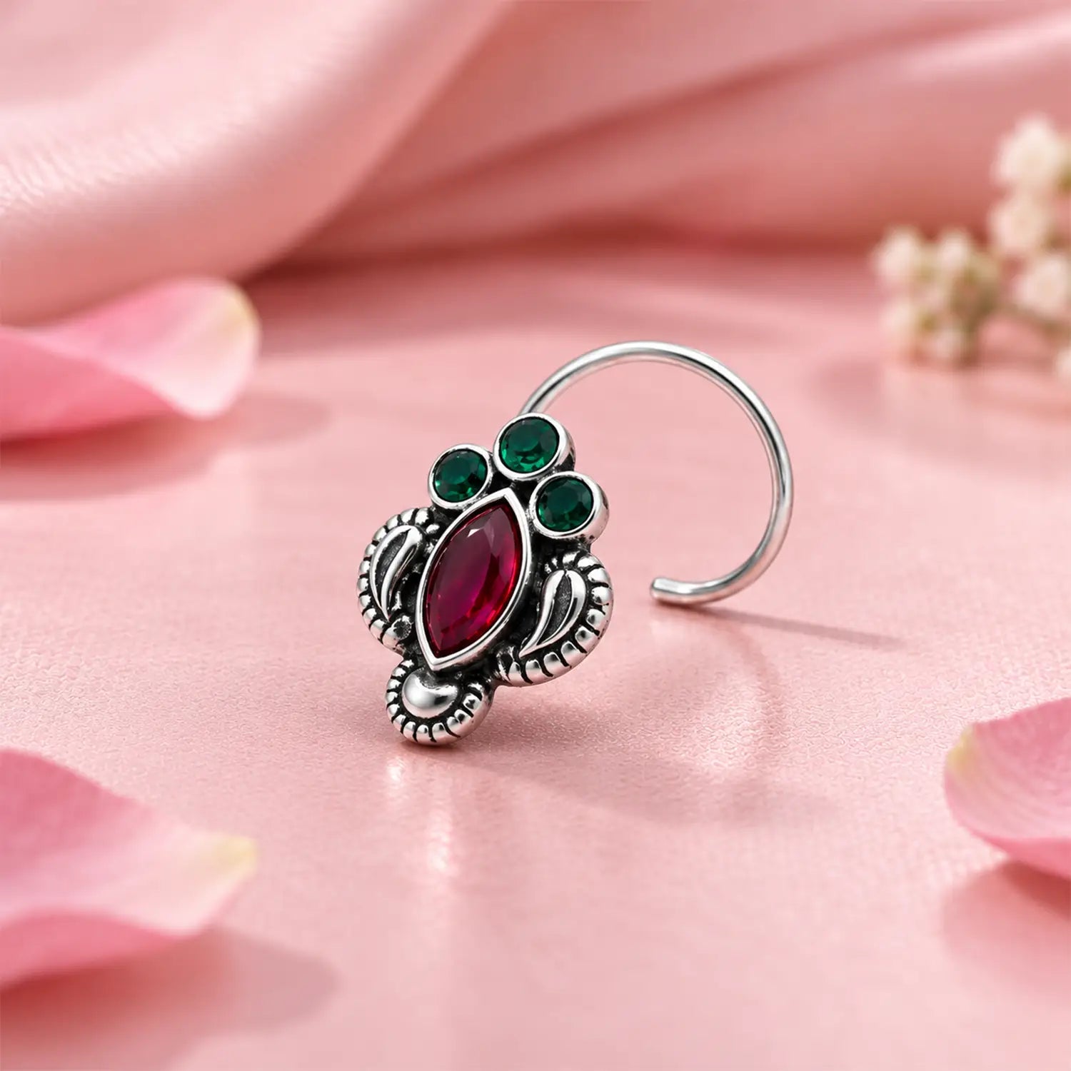 Silver Nose Pin with Green & Maroon Stones- Made With Pure 925 Silver