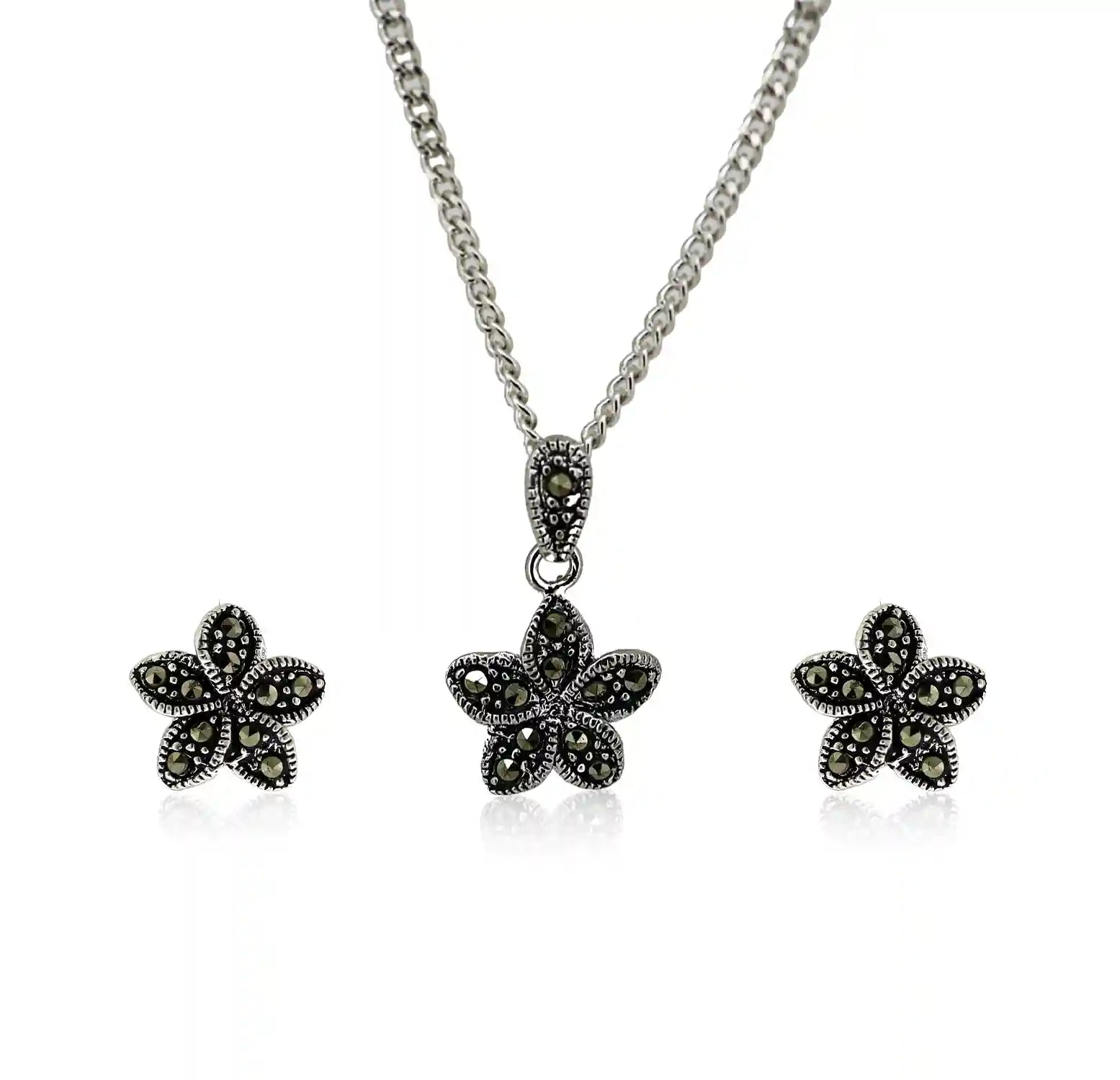 Vintage Oxidised Silver Ruby-Toned Pendant & Earring Set - Made With Pure 925 Silver