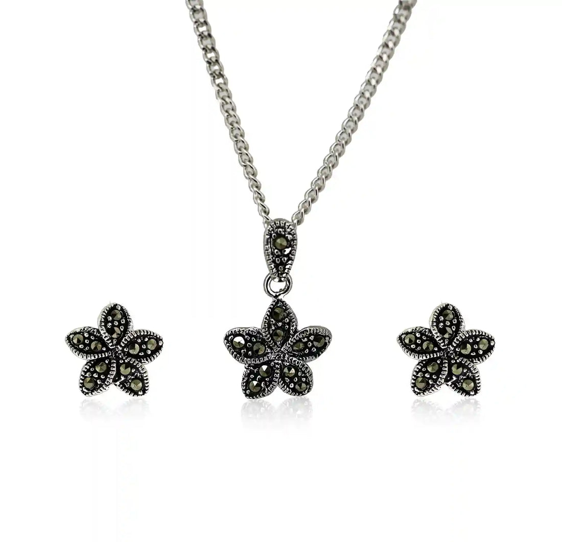Vintage Oxidised Silver Ruby-Toned Pendant & Earring Set - Made With Pure 925 Silver