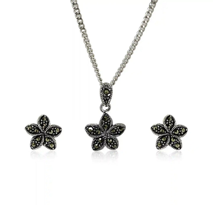 Vintage Oxidised Silver Ruby-Toned Pendant & Earring Set - Made With Pure 925 Silver